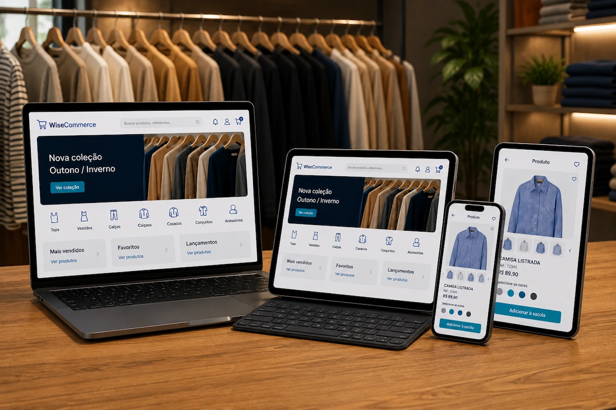 Plataforma B2B de moda WiseCommerce exibida em notebook, tablet e celular com catálogo digital de vendas