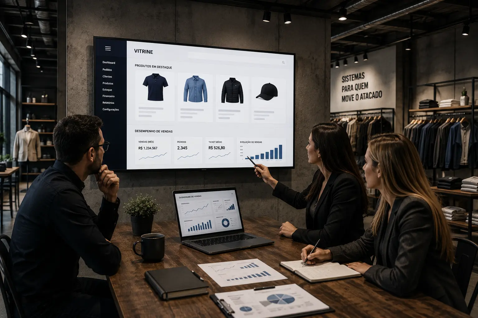 Equipe comercial analisando vendas em plataforma digital com vitrine de produtos e estratégias de crescimento no atacado