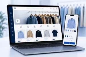Interface de plataforma B2B mostrando produtos com imagens, vídeos e navegação rápida para compra no atacado