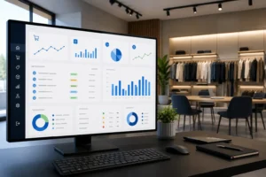 Painel de controle de vendas no atacado com pedidos organizados, relatórios e indicadores de desempenho em showroom digital